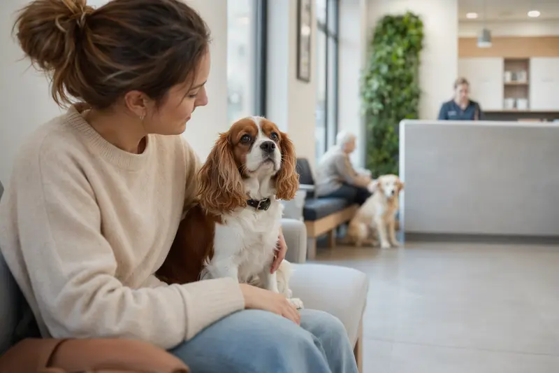 Ein King-Charles-Spaniel sitzt ruhig neben seinem Besitzer im hellen Wartezimmer einer modernen Tierarztpraxis.